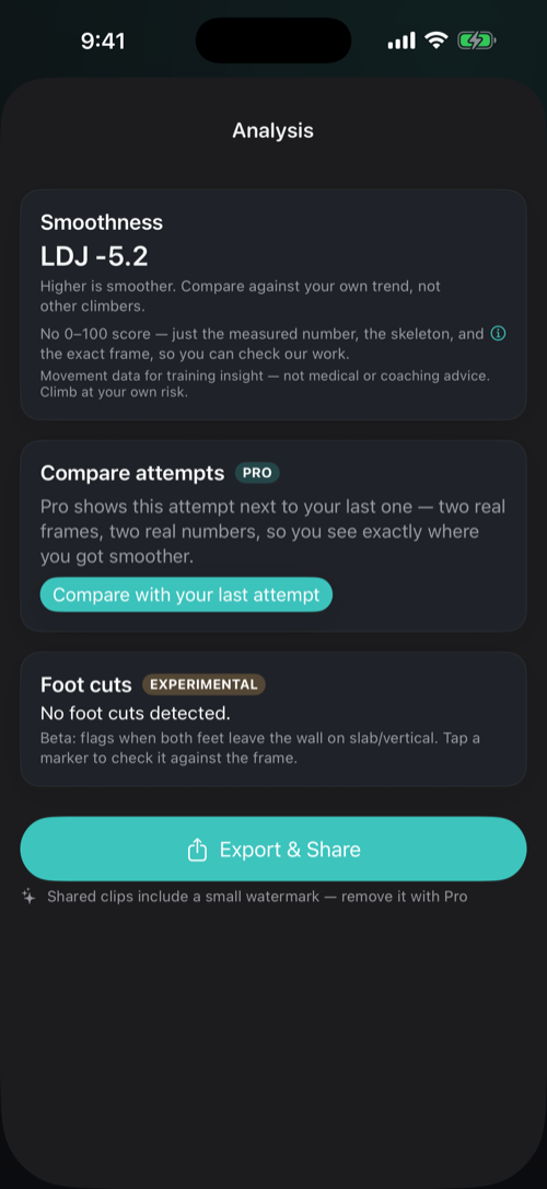Veraclimb's analysis screen: skeleton overlay, measured smoothness value, and the source frame